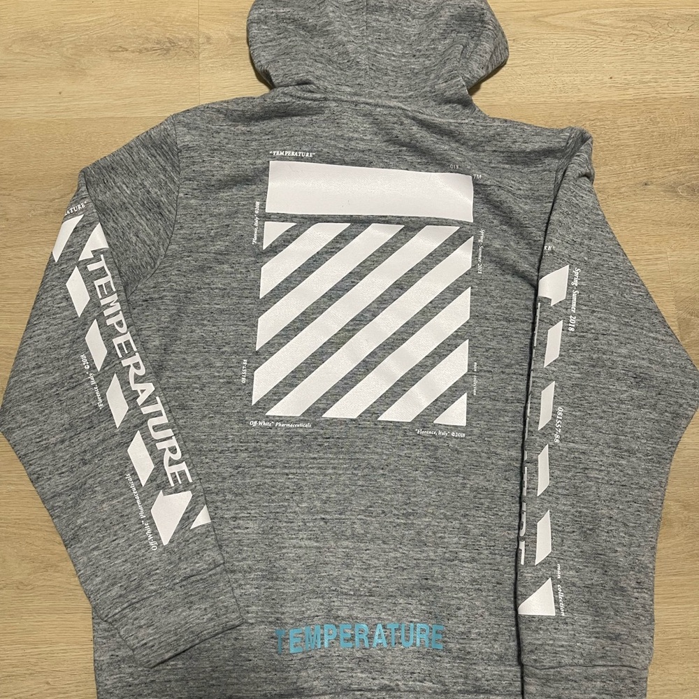 Men's Gray Zip-Up Hoodie with White Graphic Panels and Blue Accent Off White